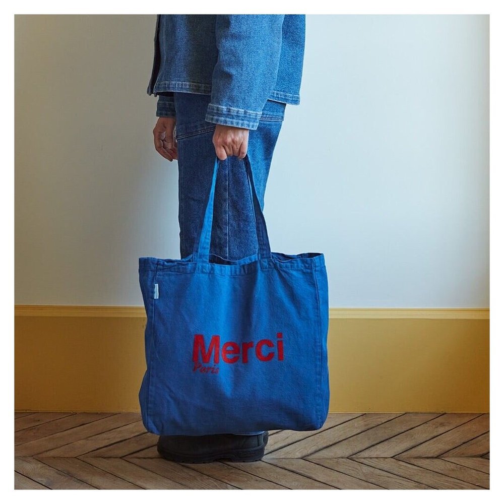 Merci Paris Classic Tote Bag | Blue & Red Lettering | Large